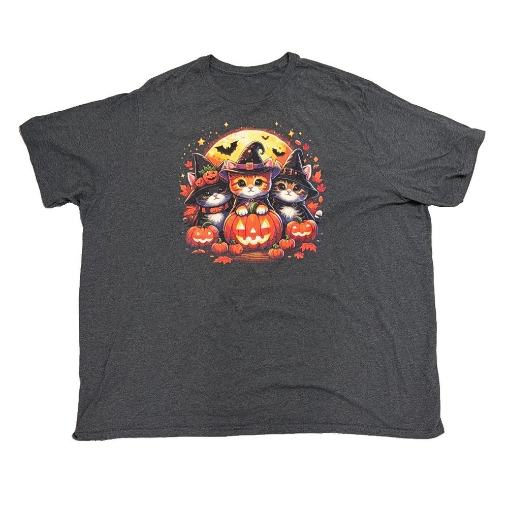 6XLT Halloween Cat T Shirt Big Tall Pumpkin Witch Graphic Tee Gray Spooky